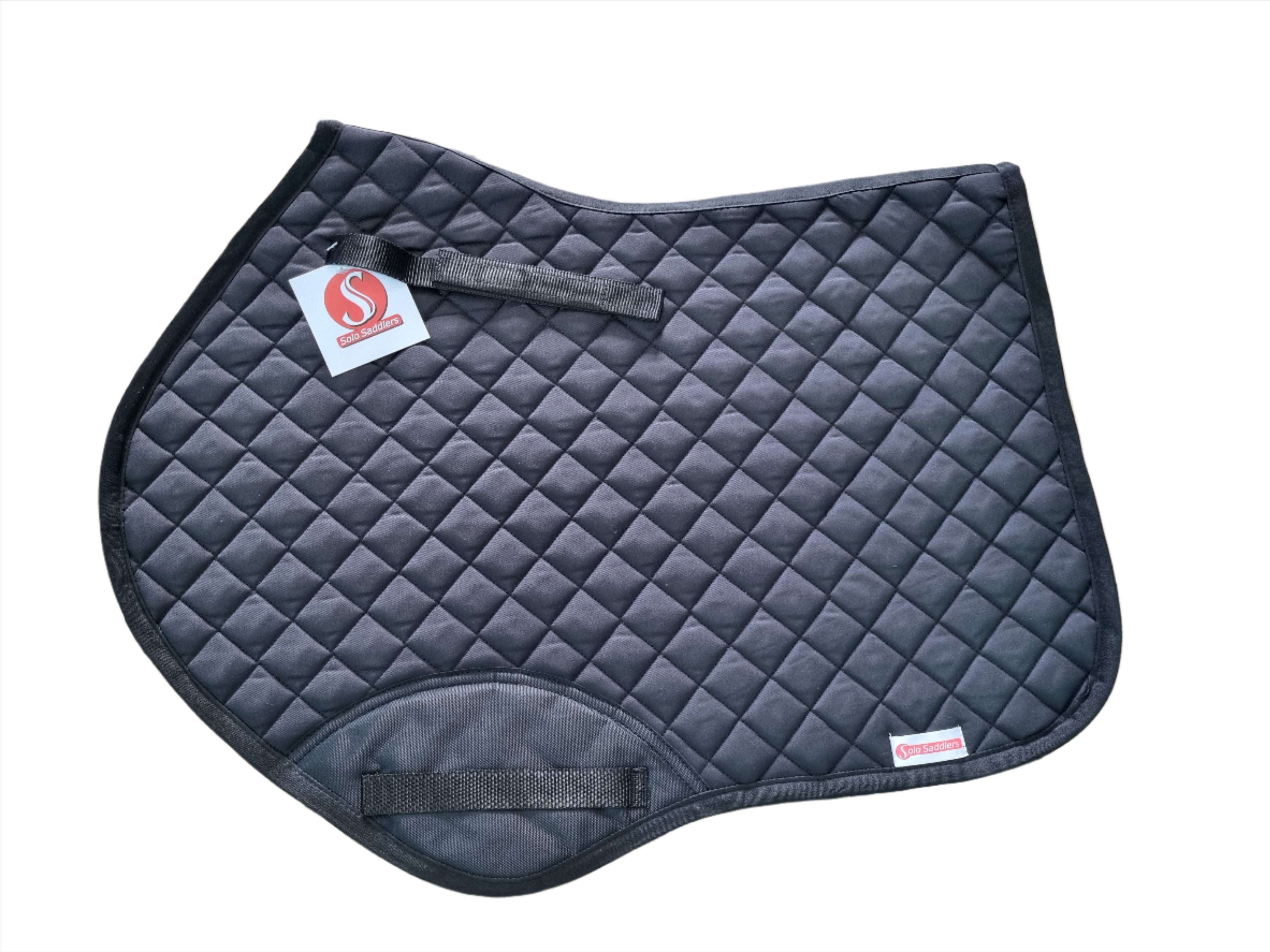 Quilted Eurofit shaped saddle pad in black color with velcro straps and reinforced girth patch.